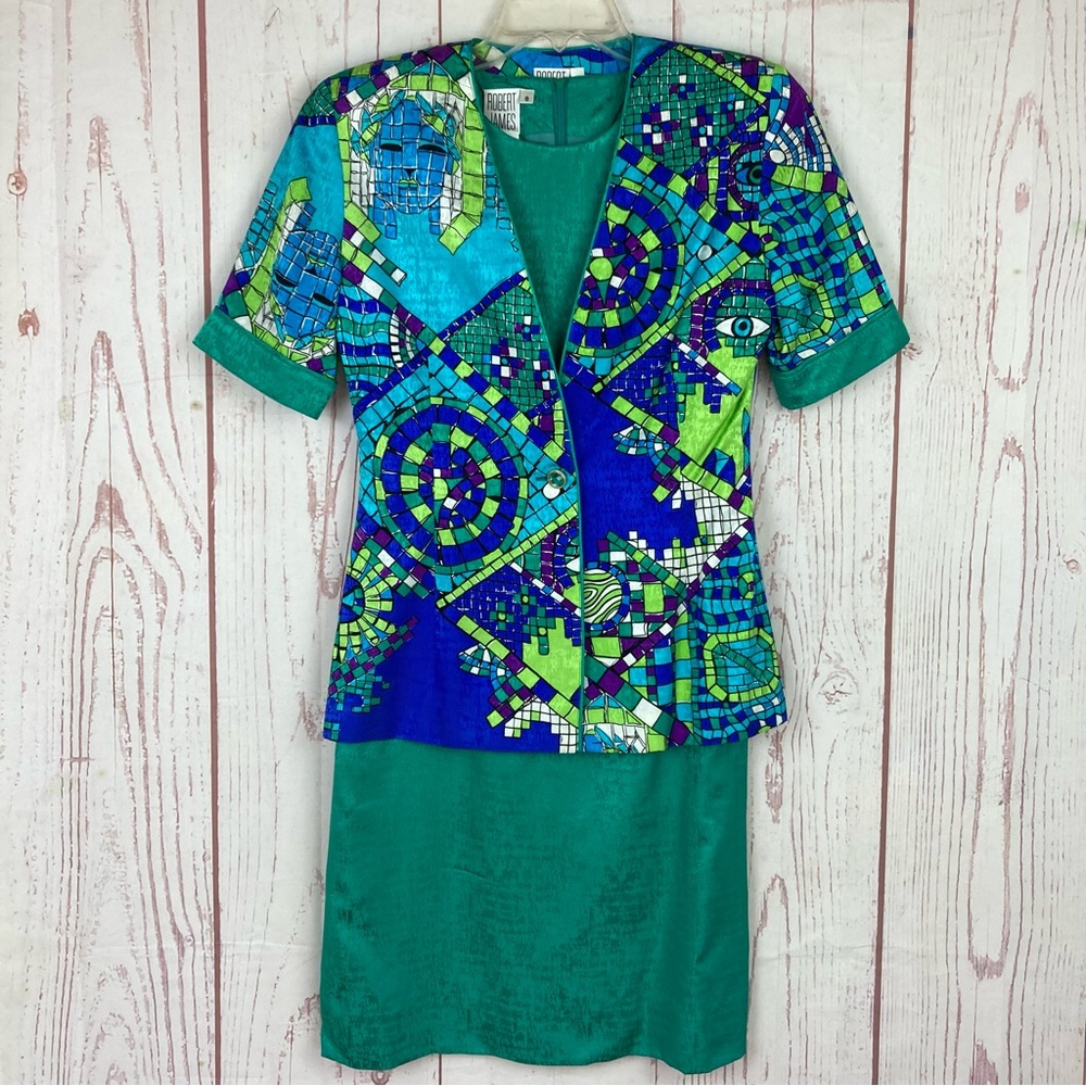 Vintage Size 6 Robert James Silk Blazer & Dress Set Short Sleeve Egyptian Mosaic